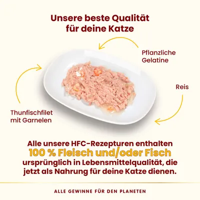 Texte en allemand : Thunfischfilet mit Garnelen, Pflanzliche Gelatine, Reis. 100 % Fleisch und/oder Fisch ursprünglich in Lebensmittelqualität, jetzt als Nahrung für deine Katze.