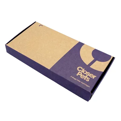 Closer Pets Verpackung für 3-Stage Filter Cartridges, braun-lila Design.