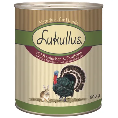 Lukullus hundmat, 800 g. Text: Naturkost für Hunde, Wildkaninchen & Truthahn mit Birne, Haferflocken und Schwarzkümmelöl. Bild på kanin och kalkon.
