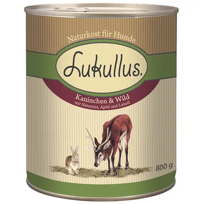 Lukullus Naturkost für Hunde, Kaninchen & Wild mit Naturreis, Apfel und Leinöl, 800 g konzerva. Besedilo v nemščini.