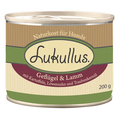 Lukullus Naturkost für Hunde, Geflügel & Lamm mit Kartoffeln, Löwenzahn und Traubenkernöl, 200 g. Tekst na opakowaniu w języku niemieckim.