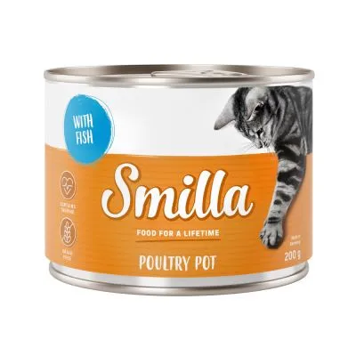 Smilla FOOD FOR A LIFETIME POULTRY POT, WITH FISH, 200 g. Kornfri opskrift. Dåse med billede af kat. Tekst på engelsk.