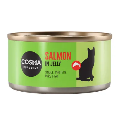 Консерва Cosma Pure Love Salmon in Jelly, Single Protein Pure Fish. Зелен етикет с черен силует на котка. Текстът е на английски.