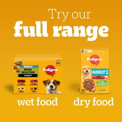 Promotional image showing Pedigree adult wet food mixed selection in gravy and Pedigree adult dry food with beef and vegetables. Text: Try our full range, wet food, dry food.