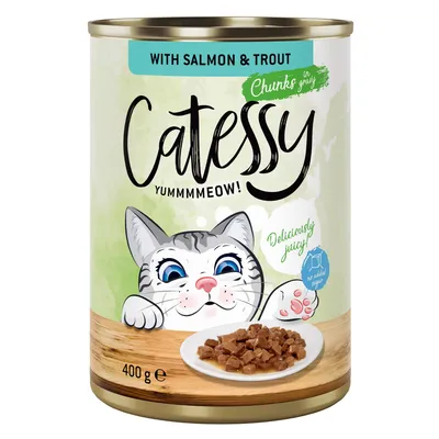 Catessy Chunks in Gravy med lax och forell, 400g burk. Saftiga bitar, utan tillsatt socker.