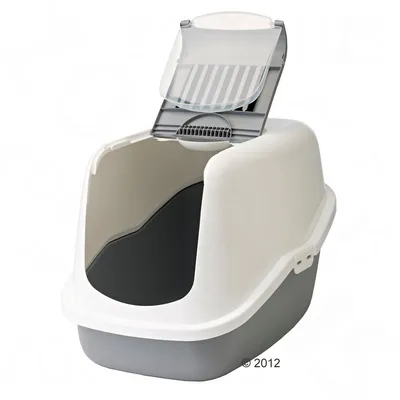 Uzavřená kočičí toaleta s vyklápěcí průhlednou dvířky a šedobílým plastovým krytem, otevřená horní část pro snadný přístup.