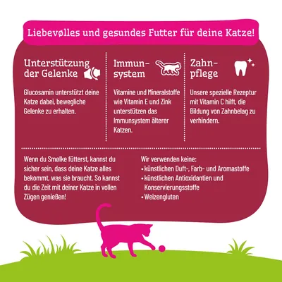 Liebevolles und gesundes Futter für Katzen: Unterstützung der Gelenke, Immunsystem, Zahnpflege. Ohne künstliche Zusatzstoffe, Antioxidantien, Konservierungsstoffe, Weizengluten. Liebevolles und gesundes Futter für Katzen: Unterstützung der Gelenke, Immunsystem, Zahnpflege. Ohne künstliche Zusatzstoffe, Antioxidantien, Konservierungsstoffe, Weizengluten.