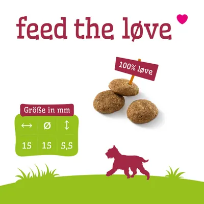 feed the løve, 100% løve. Größe in mm: Durchmesser 15, Höhe 5,5. Drei runde Snacks abgebildet.