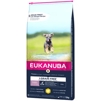 Eukanuba Puppy S/M, fără cereale, pentru rase mici și medii până la 25 kg, bogat în carne proaspătă de pui, 12 kg hrană uscată. Pentru câini de 1-12 luni.