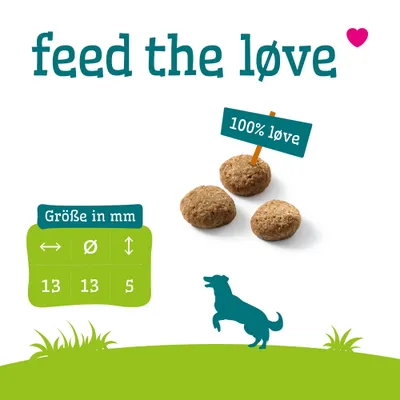 Drie ronde snacks met het bordje '100% løve'. Tekst: feed the løve. Maattabel in mm: diameter 13, hoogte 5. Drie ronde snacks met het bordje '100% løve'. Tekst: feed the løve. Maattabel in mm: diameter 13, hoogte 5.