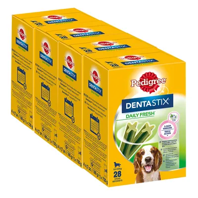 Pedigree Dentastix Daily Fresh für Hunde 10-25kg, 28 Sticks mit 3-fach Wirkung zur Zahnpflege. Packung zeigt Produktbild und Anwendungshinweise.