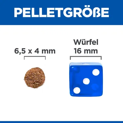 Pelletgrösse: 6,5 x 4 mm im Vergleich zu einem Würfel mit 16 mm Kantenlänge.