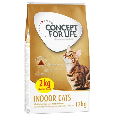 Concept for Life Indoor Cats, 12 kg, 2 kg gratis. Suha hrana za odrasle kućne mačke. Vidljiv tekst: Special Formula X, Reduced stool odour, Body weight control, Hairball function.