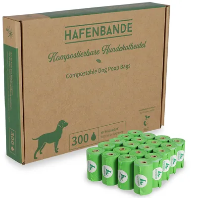Hafenbande kompostierbare Hundekotbeutel, 300 Stück, mit Frischeduft. Verpackung und grüne Beutelrollen sichtbar.