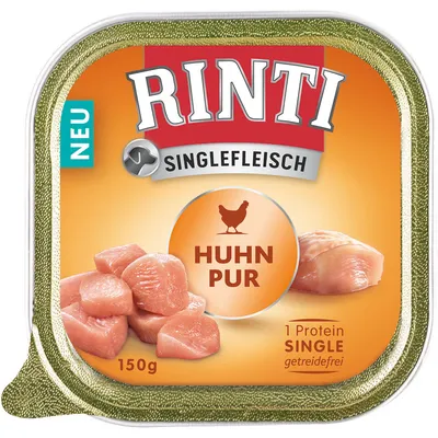 RINTI Singlefleisch Huhn Pur, 150g, getreidefrei, 1 Protein Single. Neu gekennzeichnet mit Hühnerfleischstücken auf orangefarbenem Hintergrund.