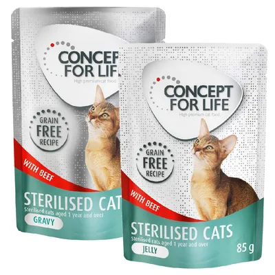 Concept for Life Sterilised Cats, getreidefreie Rezeptur mit Rind. Varianten: Gravy und Jelly, für sterilisierte Katzen ab 1 Jahr, 85g.