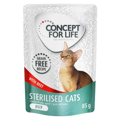Concept for Life Sterilised Cats, grain free recipe, with beef, jelly, pour chats stérilisés dès 1 an, sachet de 85 g. Texte en anglais.