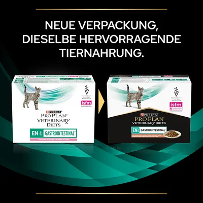 Purina Pro Plan Veterinary Diets EN Gastrointestinal. Neue Verpackung, dieselbe hervorragende Tiernahrung. ISFM zertifiziert für Katzen.