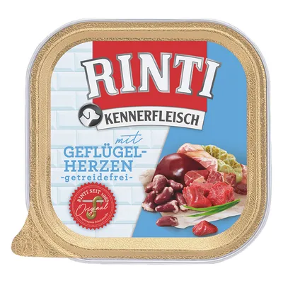 RINTI Kennerfleisch con corazones de ave, sin cereales. Original desde 1983. En la imagen: trozos de carne e ingredientes.