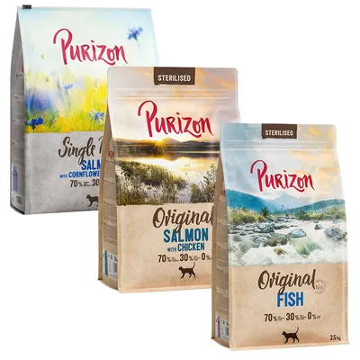 Purizon Trockenfutter für Hunde: Single Salmon mit Kornblume, Original Salmon mit Chicken, Original Fish. Sterilised-Option verfügbar. 70% Fleisch, 30% Gemüse, 0% Getreide.