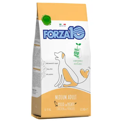 FORZA10 Medium Adult Pollo con Patate Chicken with Potatoes 12,5 kg, 100% Eco Pack, bez pšenice, s botanicals & veggies, detox effect, prebiotics. Vyrobeno v Itálii.