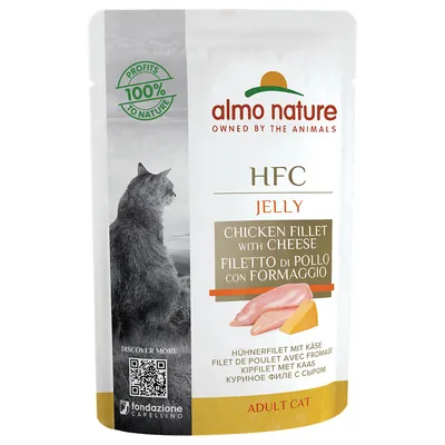 Almo Nature HFC Jelly Adult Cat, Hühnchenfilet mit Käse. Profits 100% to nature. QR-Code für weitere Informationen.