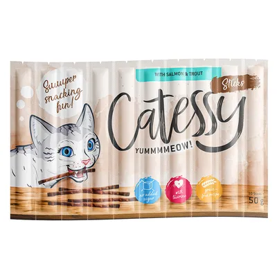 Catessy Sticks with salmon and trout, no added sugar, with taurine, grain-free. Pack of 10 sticks, 50g.