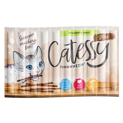 Catessy Sticks with rabbit and turkey, no added sugar, with taurine, grain-free. Packaging shows a cat and 10 sticks, total weight 50g.