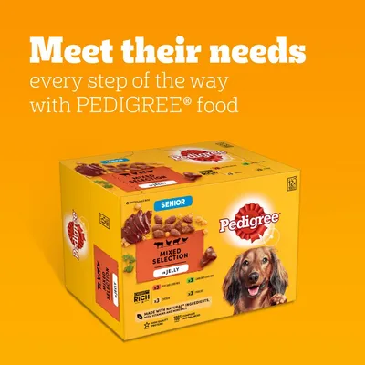 Pedigree Senior Mixed Selection in Jelly, 12 pack. Includes chicken, lamb and liver, and poultry varieties. Made with natural ingredients, vitamins and minerals. Complete pet food.