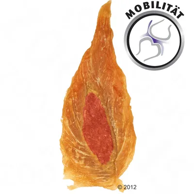 Hondenkauwsnack met vlezig middenstuk, label met tekst 'Mobilität' en gewrichtssymbool zichtbaar rechtsboven.