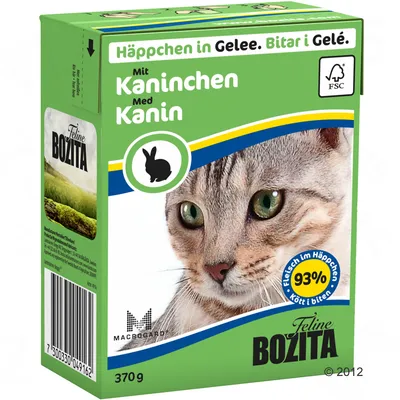 Feline Bozita mačja hrana s komadićima u želeu, s kunićem, 370 g. Tekst: Häppchen in Gelee, Mit Kaninchen, 93 % Fleisch im Häppchen. Slika mačke na pakiranju.
