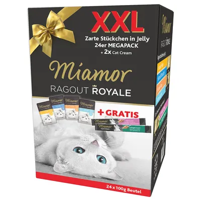 Miamor Ragout Royale XXL 24er MEGAPACK, Zarte Stückchen in Jelly, 2x Cat Cream zdarma, 24×100g Beutel, +GRATIS uvedeno na obalu. Text v němčině a angličtině.