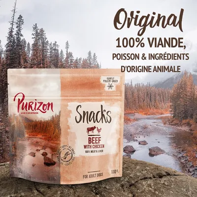 Purizon Snacks Beef with Chicken, 100 g. Texte visible : Original, 100 % viande, poisson & ingrédients d’origine animale, gently freeze-dried, for adult dogs, 100 % meat & liver.
