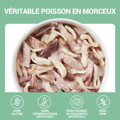 Véritable poisson en morceaux. Sans gluten, sans conservateurs artificiels, sans arômes ni colorants artificiels, sans OGM.