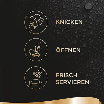 Instrucțiuni în limba germană: Knicken, Öffnen, Frisch servieren, cu ilustrații pentru îndoire, deschidere și servire proaspătă a unui produs alimentar.