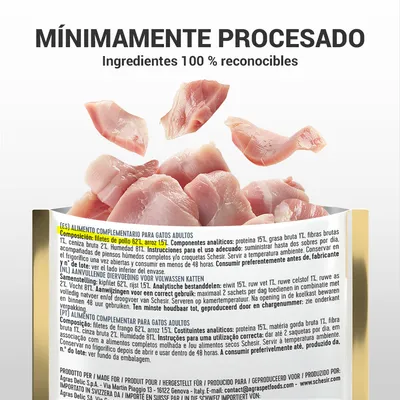 Mínimamente procesado. Ingredientes 100 % reconocibles. Composición: filetes de pollo 62 %, arroz 15 %. Alimento complementario para gatos adultos. Humedad 81 %.