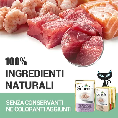 100% ingredienti naturali. Senza conservanti né coloranti aggiunti. Schesir bustine per gatti visibili in basso a destra.