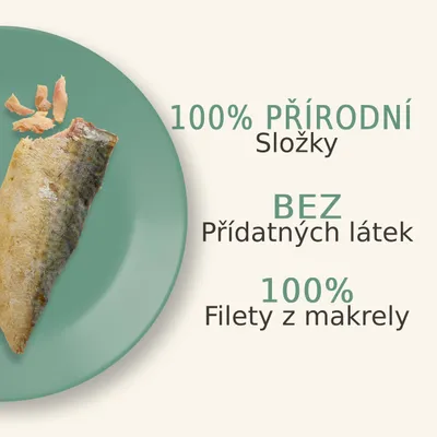 100% PŘÍRODNÍ Složky, BEZ Přídavných látek, 100% Filety z makrely. Na talíři filet a kousky makrely.