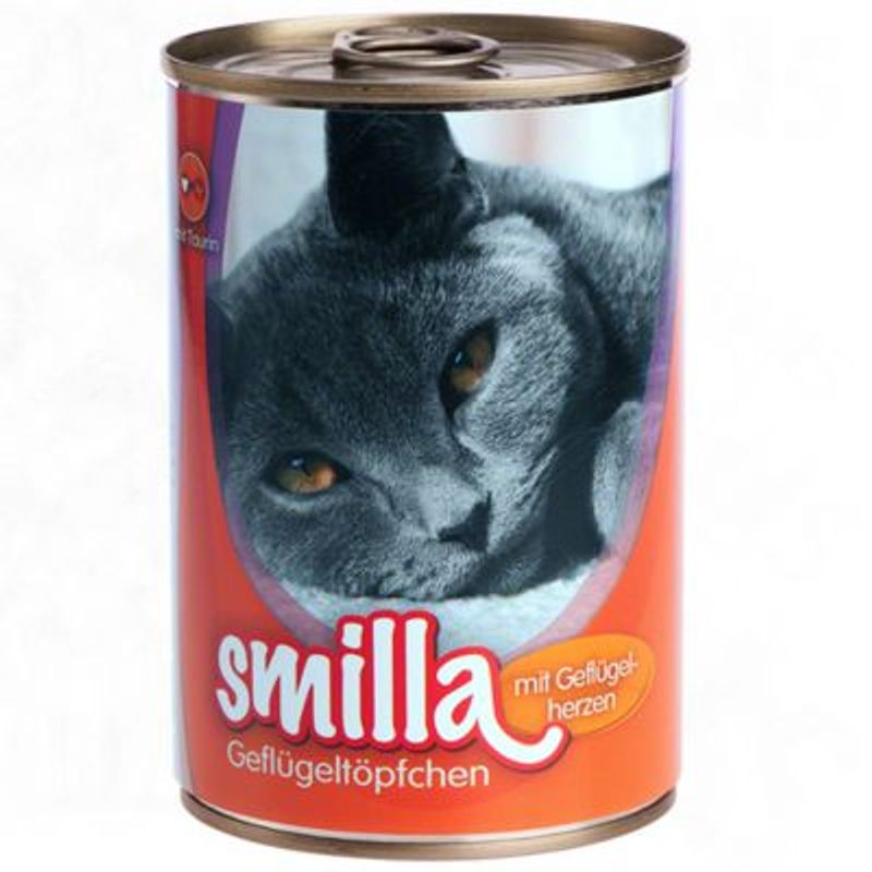 Dåse med billede af grå kat, teksten 'smilla Geflügeltöpfchen mit Geflügelherzen' på orange baggrund. Produktnavn og variant tydeligt synlige.