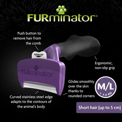 FURminator, kartáč na krátkou srst do 5 cm, velikost M/L nad 4,5 kg. Ergonomická rukojeť, tlačítko FUREjector, zahnutý nerezový okraj, zaoblené rohy.