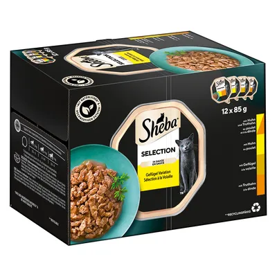 Sheba Selection en sauce, Variation à la Volaille, boîte de 12 x 85 g. Texte visible : ingrédients naturels, recyclable. Saveurs : poulet, dinde, volaille.