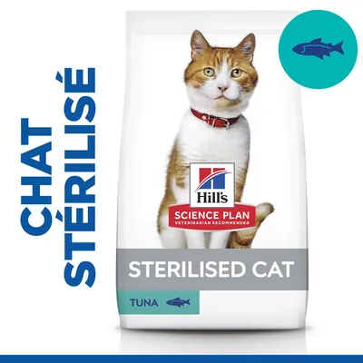 Sac de croquettes Hill's Science Plan pour chat stérilisé, saveur thon, texte visible : CHAT STÉRILISÉ, STERILISED CAT, TUNA, image d’un poisson bleu. Sac de croquettes Hill's Science Plan pour chat stérilisé, saveur thon, texte visible : CHAT STÉRILISÉ, STERILISED CAT, TUNA, image d’un poisson bleu.