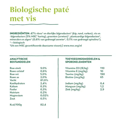 Biologische paté met vis. Ingrediënten: 47% vlees en dierlijke bijproducten, 5% MSC haring, erwten, plantaardige bijproducten, mineralen, algen. Eiwit 9%, vet 5%, vocht 81%.