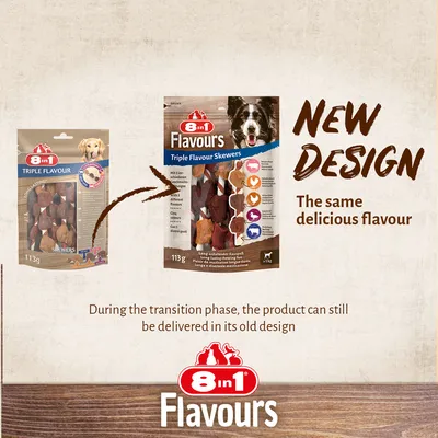 8in1 Flavours Triple Flavour Skewers 113g, oude en nieuwe verpakking zichtbaar. Tekst: New design, the same delicious flavour. Tijdens overgangsfase kan oud design geleverd worden.