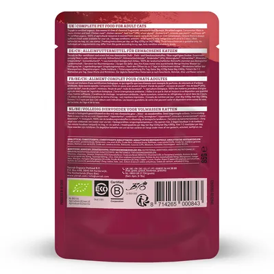 Achterkant verpakking Yarrah kattenvoer 85 g, NL/BE: volledig diervoeder voor volwassen katten, ingrediënten en analytische bestanddelen, bio-certificaat NL-BIO-01, streepjescode zichtbaar.