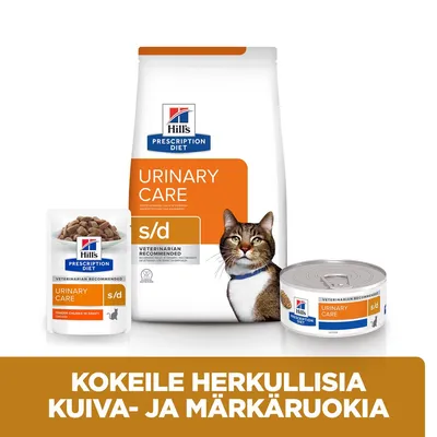 Hill's Prescription Diet Urinary Care s/d -kissanruokaa: kuivaruokapussi, märkäruokapakkaus ja -tölkki. Teksti: KOKEILE HERKULLISIA KUIVA- JA MÄRKÄRUOKIA.