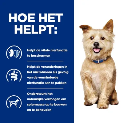 Hoe het helpt: beschermt vitale nierfunctie, ondersteunt microbioom bij verminderde nierfunctie, bevordert opbouw en behoud van spiermassa bij honden.