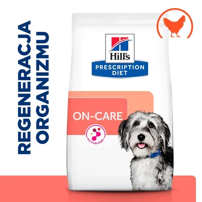 Hill's Prescription Diet ON-CARE, napis REGENERACJA ORGANIZMU, symbol kurczaka, logo ACTIVBIOME na opakowaniu karmy dla psa.