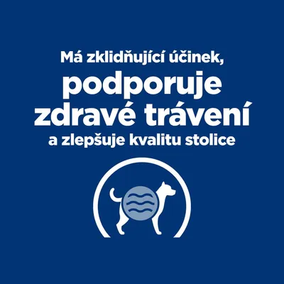 Má zklidňující účinek, podporuje zdravé trávení a zlepšuje kvalitu stolice. Ikona kočky s kruhem na břiše.