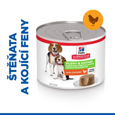 Konzerva Hill's Science Plan Puppy & Mother s kuřecím, pro štěňata a kojící feny. Text: PUPPY & MOTHER, with CHICKEN, TENDER MOUSSE. Obrázek psa a porce krmiva.